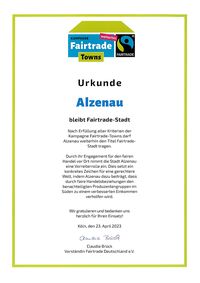 Bild vergr&ouml;&szlig;ern: Urkunde Fairtrade Stadt Alzenau
