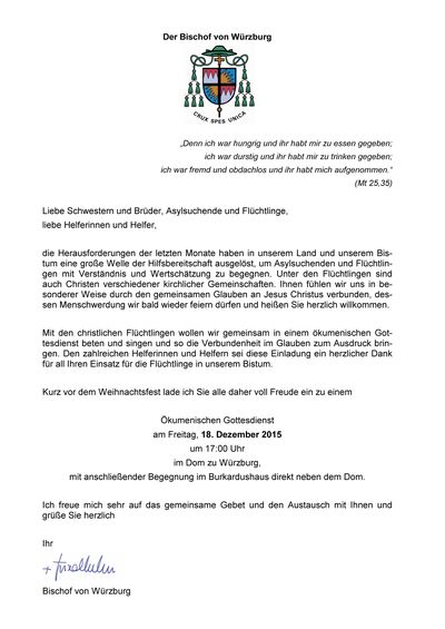 Bild vergr&ouml;&szlig;ern: Einladung in den Dom zu W&uuml;rzburg am Freitag, 18. Dezember 2015, um 17 Uhr